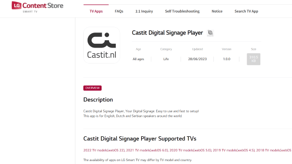 Castit Digital Signage available on LG Content Store